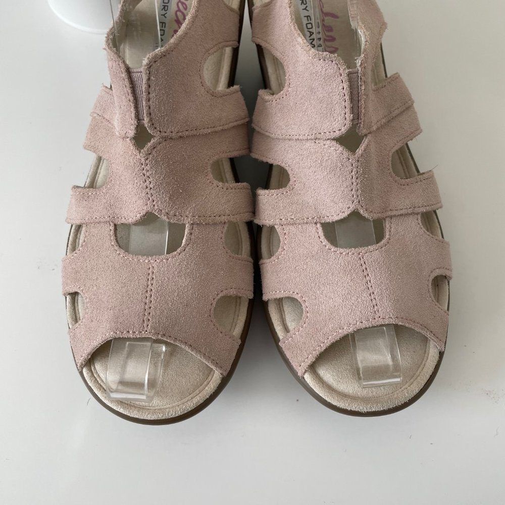 Skechers Suede Peep Toe Blush Pink Sling Back Sandal Wedges Memory Foam - Picture 2 of 14